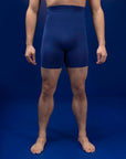 Male dancer wearing male dancewear navy blue bike shorts